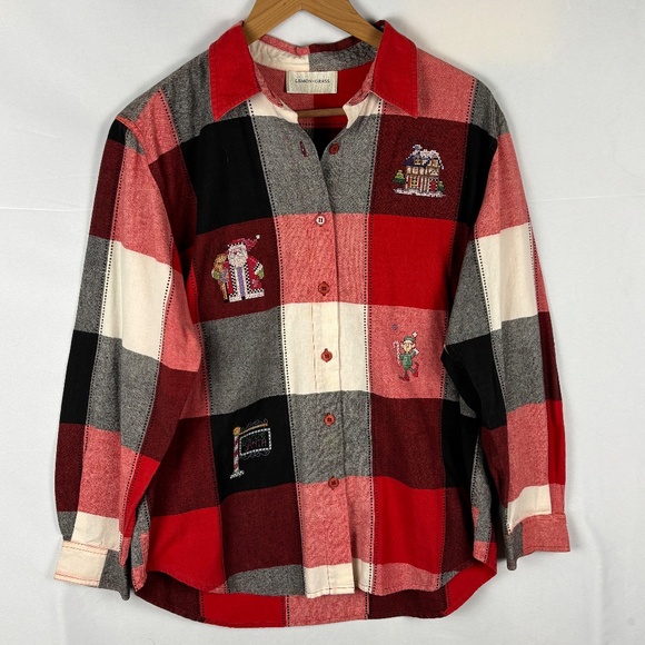 VTG Women Christmas Long Sleeve Button Up Embroidered Shirt Sz L Lemon Grass - Picture 1 of 11